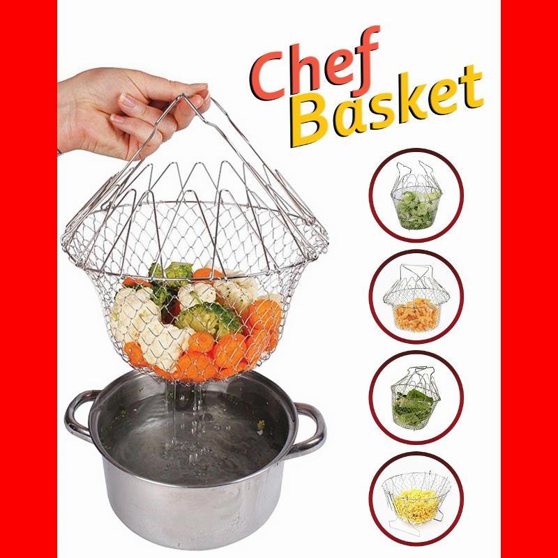 Stainless Steel Chef Basket 12 in 1 Kitchen Tool Deluxe Boiler, Steamer, Strainer & Frying